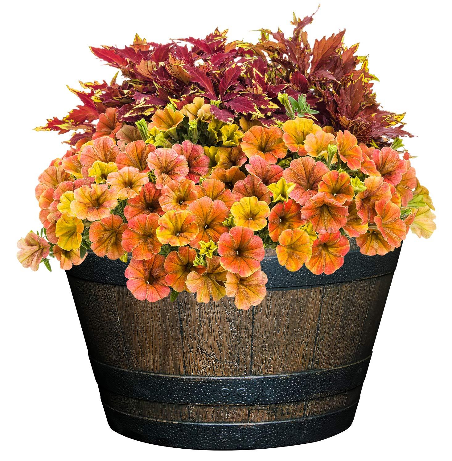 Classic Home and Garden Whiskey Plastic Resin Flower Pot Barrel Planter, Walnut Brown, 20.5" - CookCave