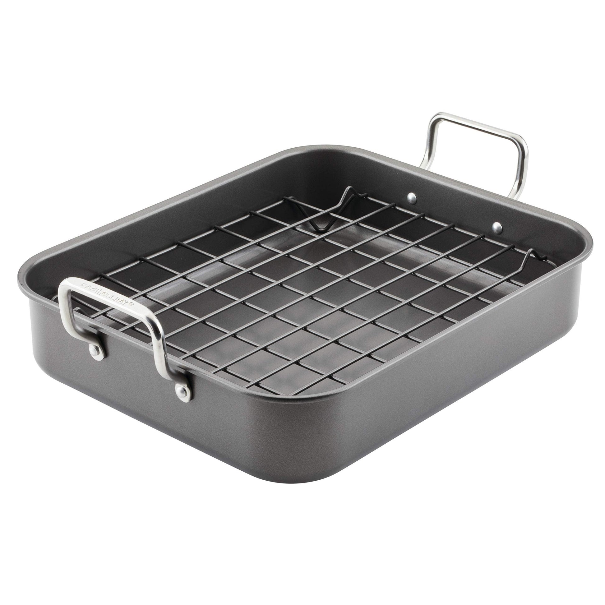 Rachael Ray Bakeware Nonstick Roaster/Roasting Pan with Reversible Rack, 16.5 Inch x 13.5 Inch, Gray - CookCave