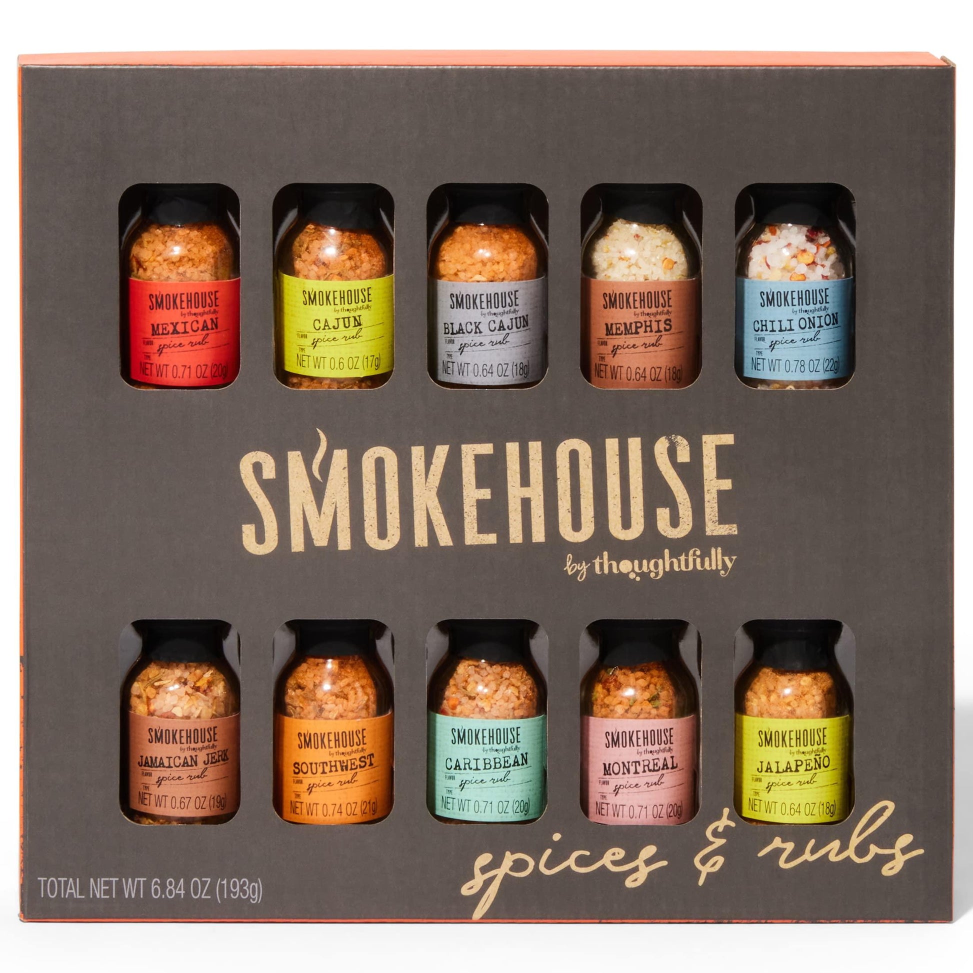 Smokehouse by Thoughtfully, Gourmet Grilling Spice Set in Mini Glass Bottles, Vegan and Vegetarian, Grill Seasoning Flavors Include Caribbean, Jamaican Jerk, Jalapeno, Montreal and More, Pack of 10 - CookCave