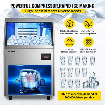 VEVOR 110V Commercial Ice Maker 90-100LBS/24H with 33LBS Bin Full Heavy Duty Stainless Steel Construction, Automatic Operation, Clear Cube for Home Bar, Include Water Filter, Scoop, Connection Hose - CookCave