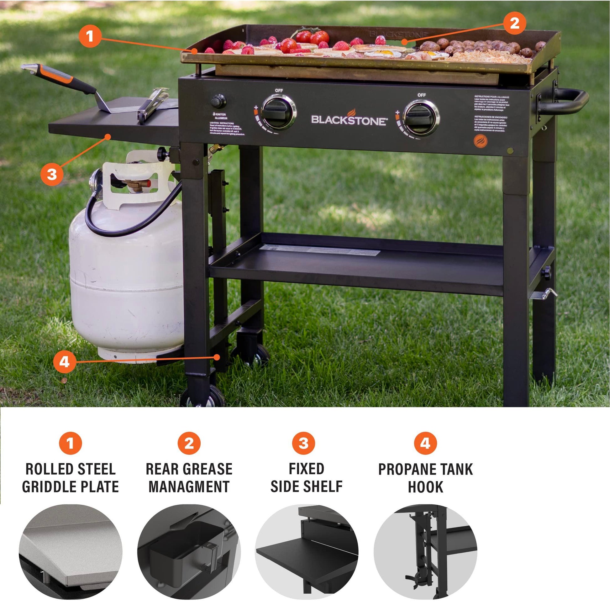 Blackstone Flat Top Gas Grill Griddle 2 Burner Propane Fuelled Rear Grease Management System, 1517, Outdoor Griddle Station for Camping, 28 inch - CookCave