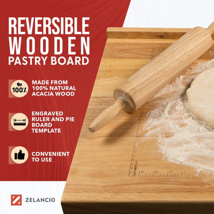 Zelancio Reversible Wooden Pastry Board - 24" x 20" Pastry Board with Engraved Ruler and Pie Board Template, Features Front and Back Counter Lip - CookCave