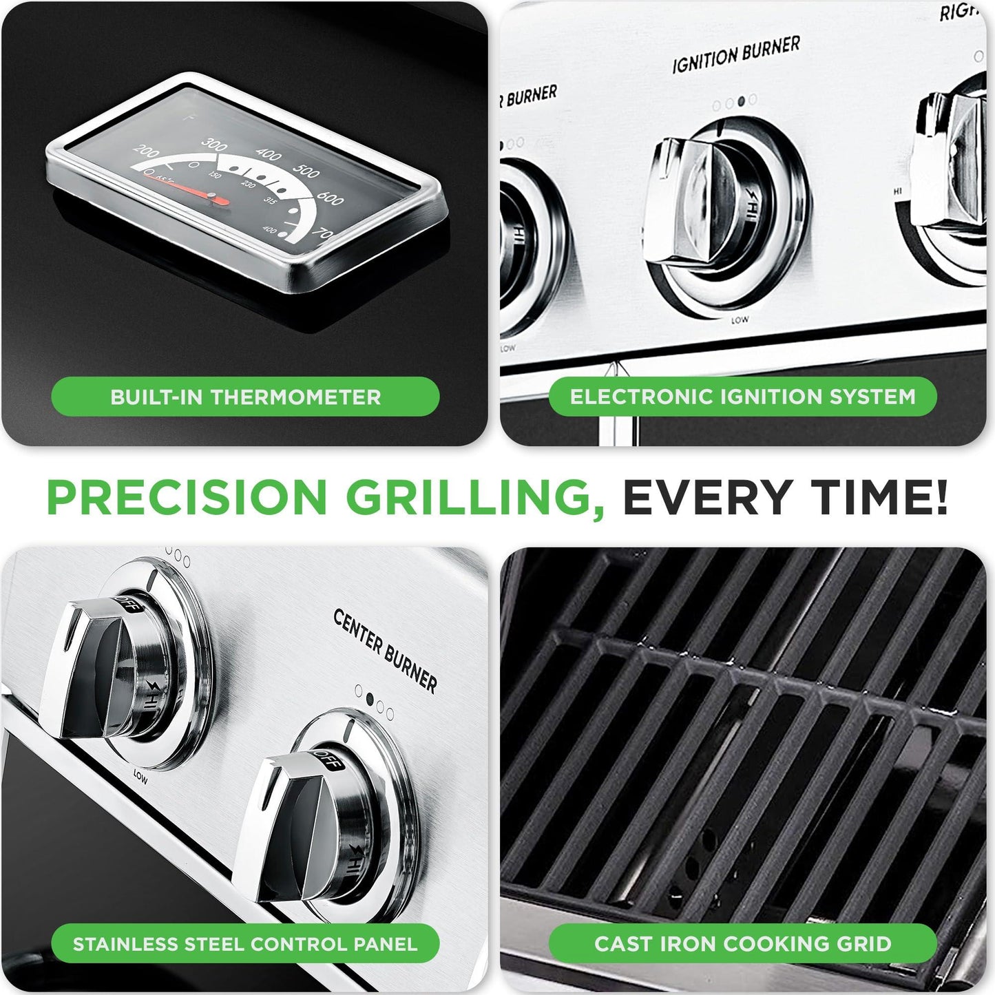 NutriChef Heavy-Duty 5-Burner Propane Gas Grill - Stainless Steel Grill, 4 Main Burner with 1 side burner, 52,000 BTU Grilling Capacity, Electronic Ignition System, Built-in Thermometer - NCGRIL2 - CookCave