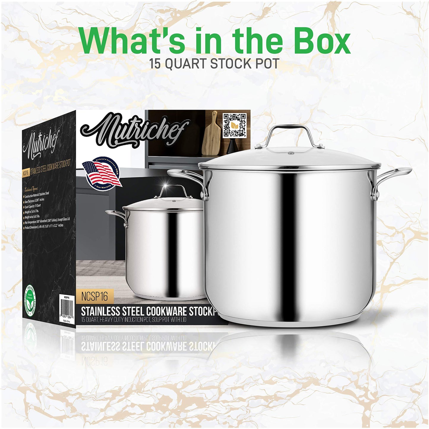 NutriChef Stainless Steel Stock Pot-18/8 Food Grade Heavy Duty Induction-Large, Stew, Simmering, Soup See Through Lid, Dishwasher Safe NCSP16, 15 Quart Pot - CookCave