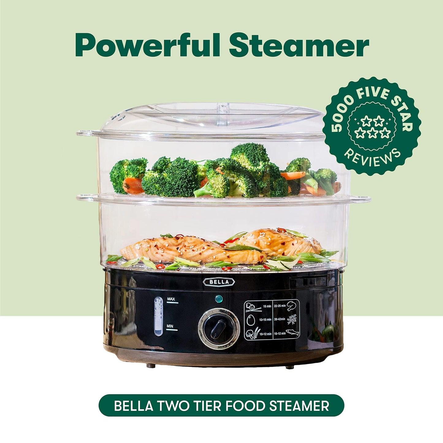 BELLA Two Tier Food Steamer with Dishwasher Safe Lids and Stackable Baskets & Removable Base for Fast Simultaneous Cooking - Auto Shutoff & Boil Dry Protection, 7.4 QT, Black - CookCave