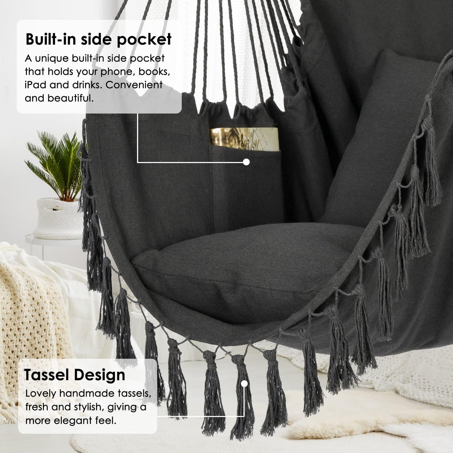 Y- STOP Hammock Chair Hanging Rope Swing, Max 500 Lbs, 2 Cushions Included, Large Macrame Hanging Chair with Pocket, Cotton Weave for Superior Comfort, Durability (Dark Grey) - CookCave