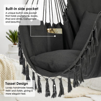 Y- STOP Hammock Chair Hanging Rope Swing, Max 500 Lbs, 2 Cushions Included, Large Macrame Hanging Chair with Pocket, Cotton Weave for Superior Comfort, Durability (Dark Grey) - CookCave
