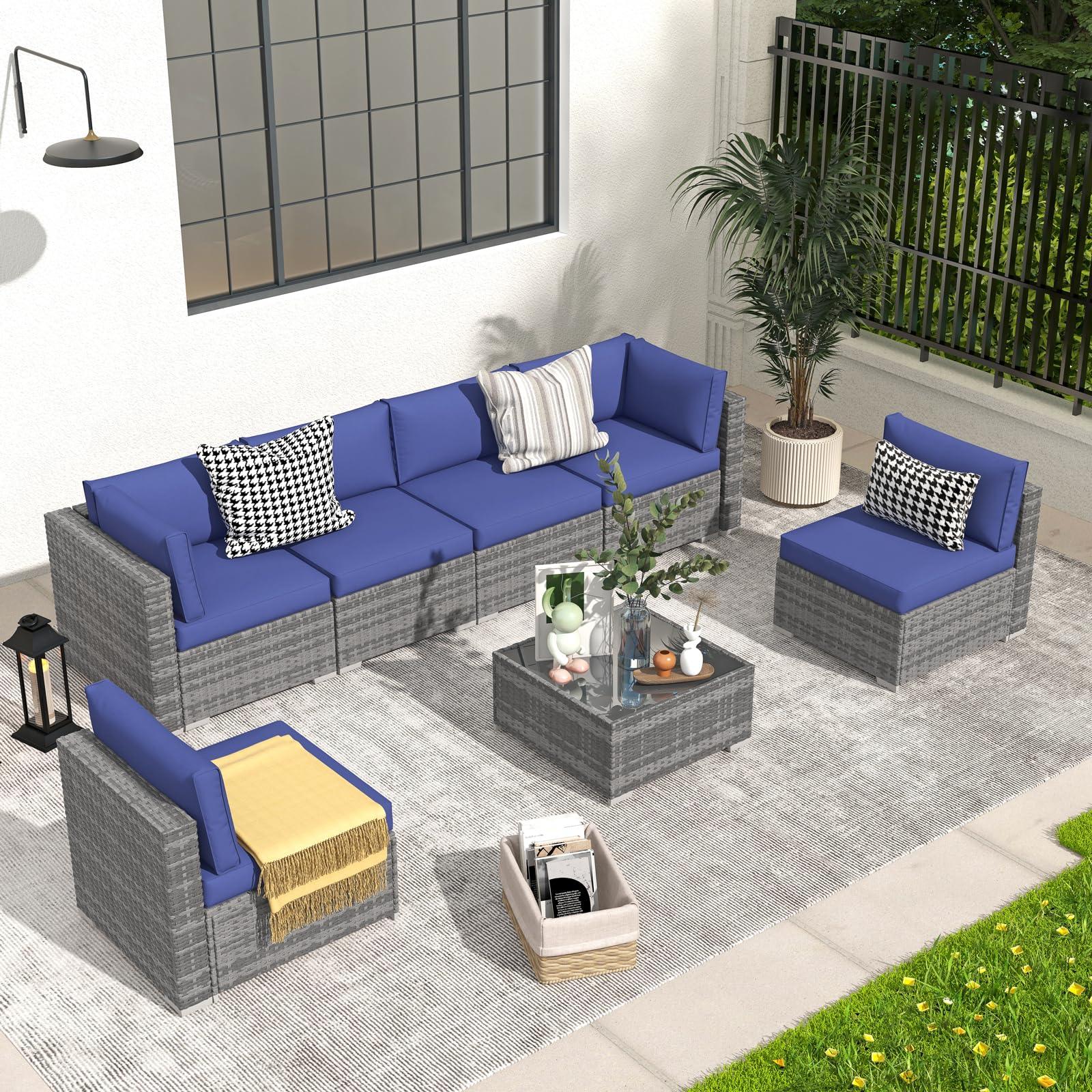 Patiorama 7 Pieces Outdoor Patio Furniture Set, All Weather Grey PE Wicker Rattan Sectional Conversation Set, Porch Garden W/Built-in Glass Table, Seat Clips, Navy Blue Cushions - CookCave