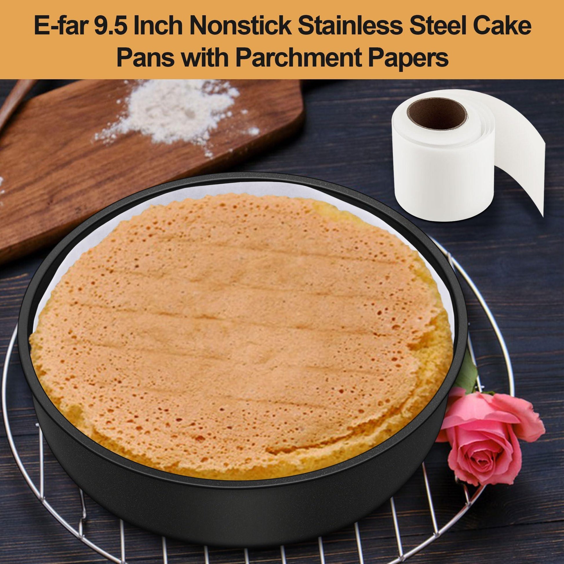 E-far 9.5 Inch Cake Pans Set of 2, Nonstick Stainless Steel Small Round Baking Pans with Parchment Paper & Side Liner Roll, Stainless Steel Core & Non-toxic Coating, Straight Side & 2 Inch Deep - CookCave