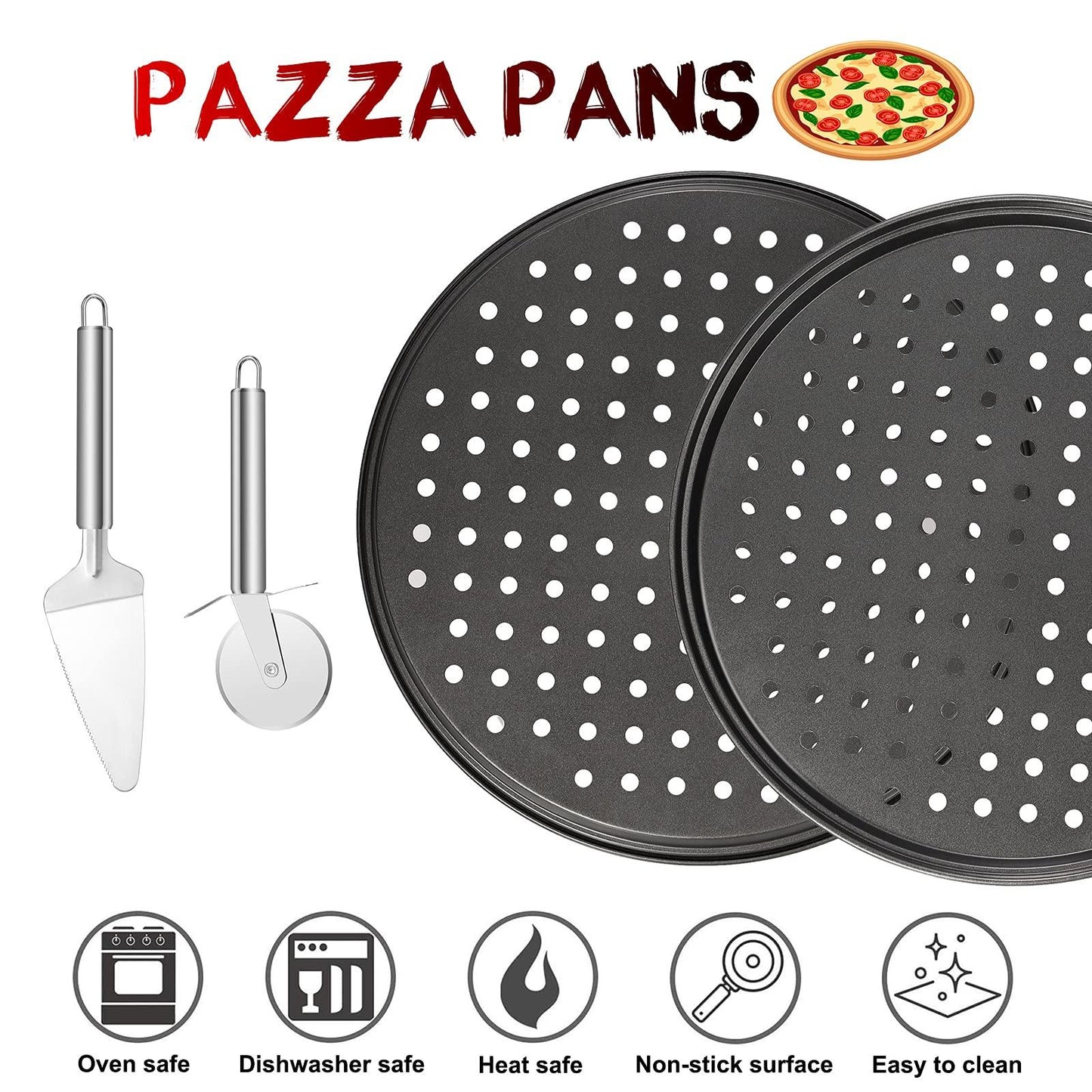 3 Pack Pizza Pan Round Pizza board Carbon Steel Pizza Baking Pan with Accessories Non-Stick Cake Pizza Crisper Server Tray Stand for Home Kitchen Oven Restaurant Pizza Bakeware Pizza Cutter and Slicer - CookCave