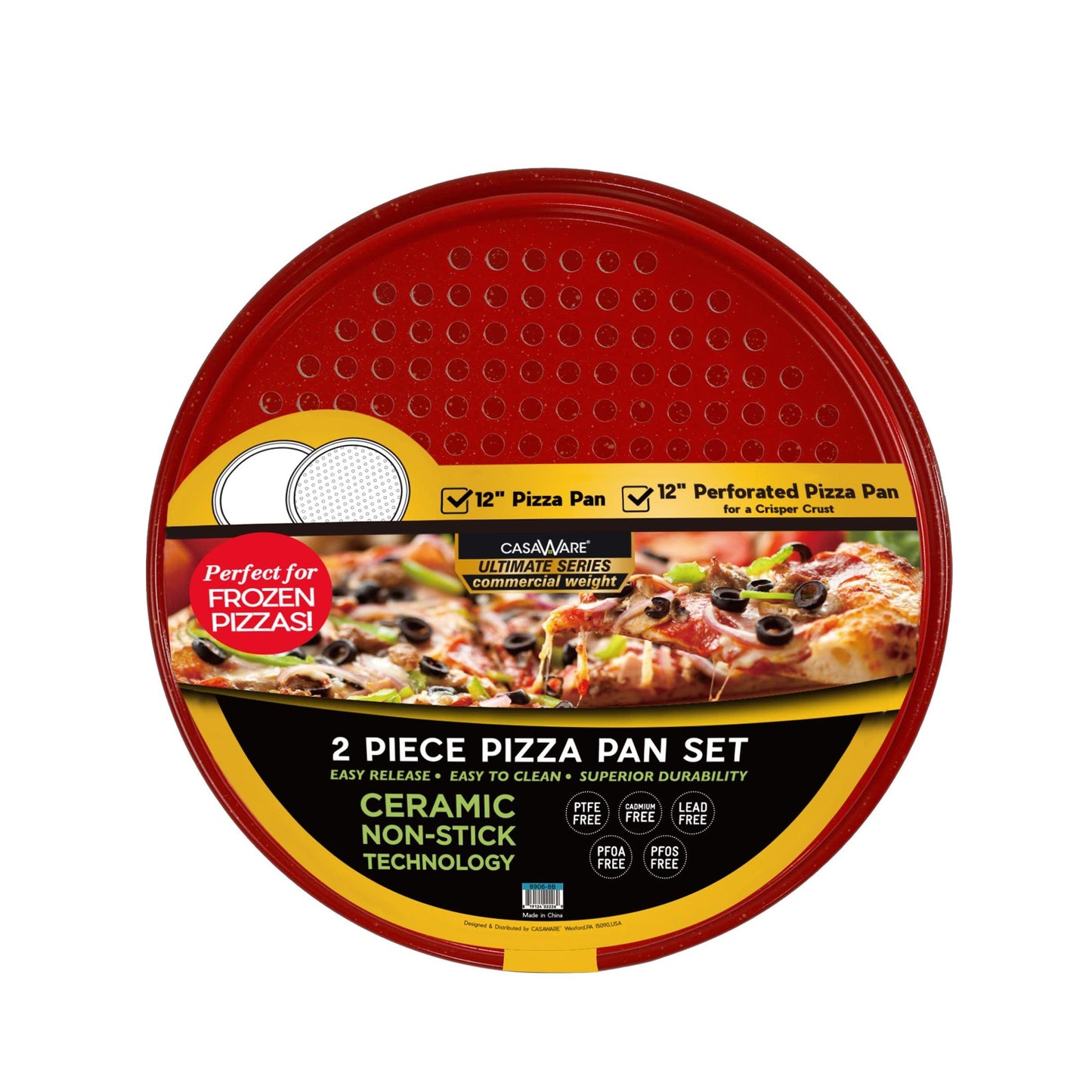 casaWare 2pc Ultimate Pizza Pan Set, (1) Ceramic Coated NonStick 12-inch Pizza Pan, (1) 12-inch Ceramic Coated NonStick Perforated Pizza Pan (Red Granite) - CookCave