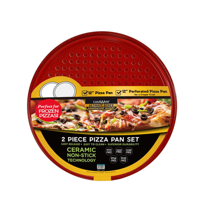 casaWare 2pc Ultimate Pizza Pan Set, (1) Ceramic Coated NonStick 12-inch Pizza Pan, (1) 12-inch Ceramic Coated NonStick Perforated Pizza Pan (Red Granite) - CookCave