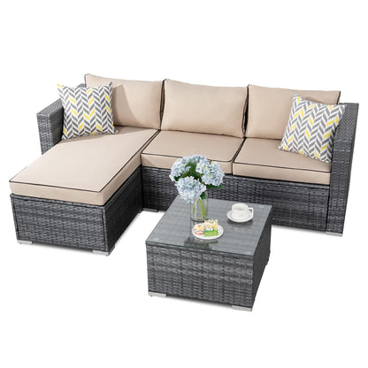 JAMFLY Outdoor Patio Furniture Sets, All-Weather Rattan Outdoor Sectional Sofa with Tea Table and Cushions Upgrade Wicker Patio sectional Sets 3-Piece (Khaki) - CookCave