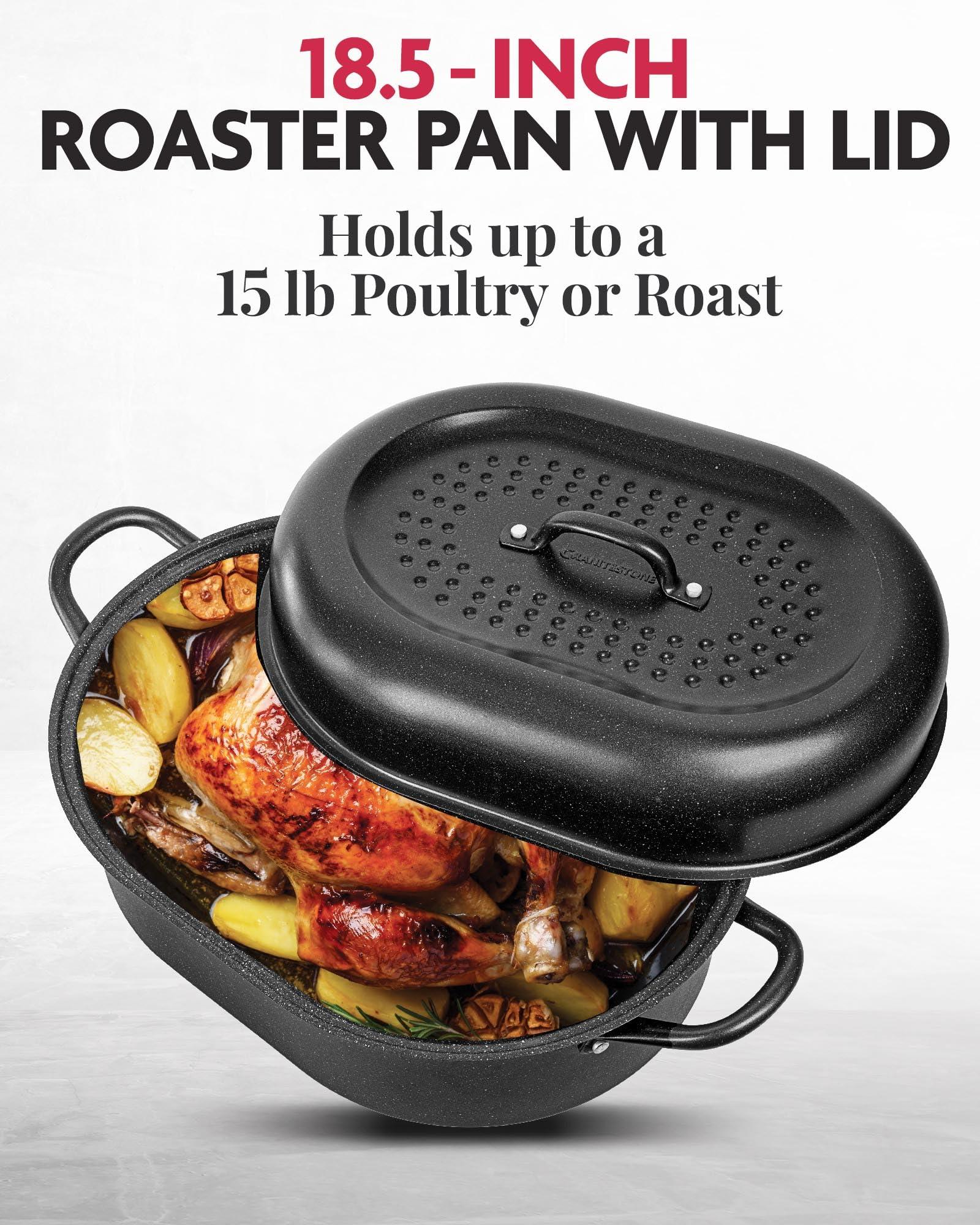 Granitestone 18.8 Inch XL Turkey Roaster Pan with Lid - Ultra Nonstick Turkey Pan for Oven with Grooved Bottom for Basting, Large Roasting Pan for Oven Serves 6-12 People, Dishwasher Safe, PFOA Free - CookCave