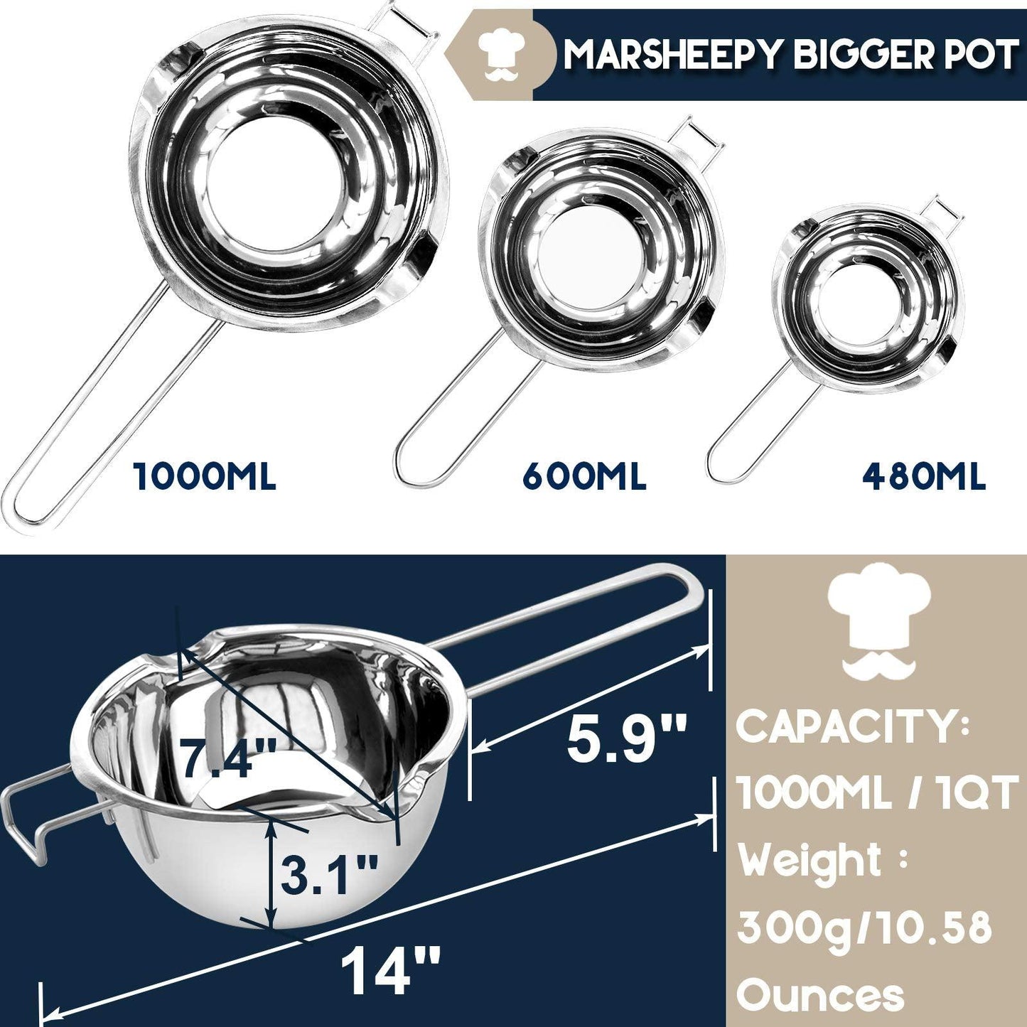 1000ML/1QT Double Boiler Chocolate Melting Pot,304 Stainless Steel Candle Making Kit, Melting Pot with Silicone Spatula for Melting Chocolate, Candy, Candle, Soap, Wax - CookCave