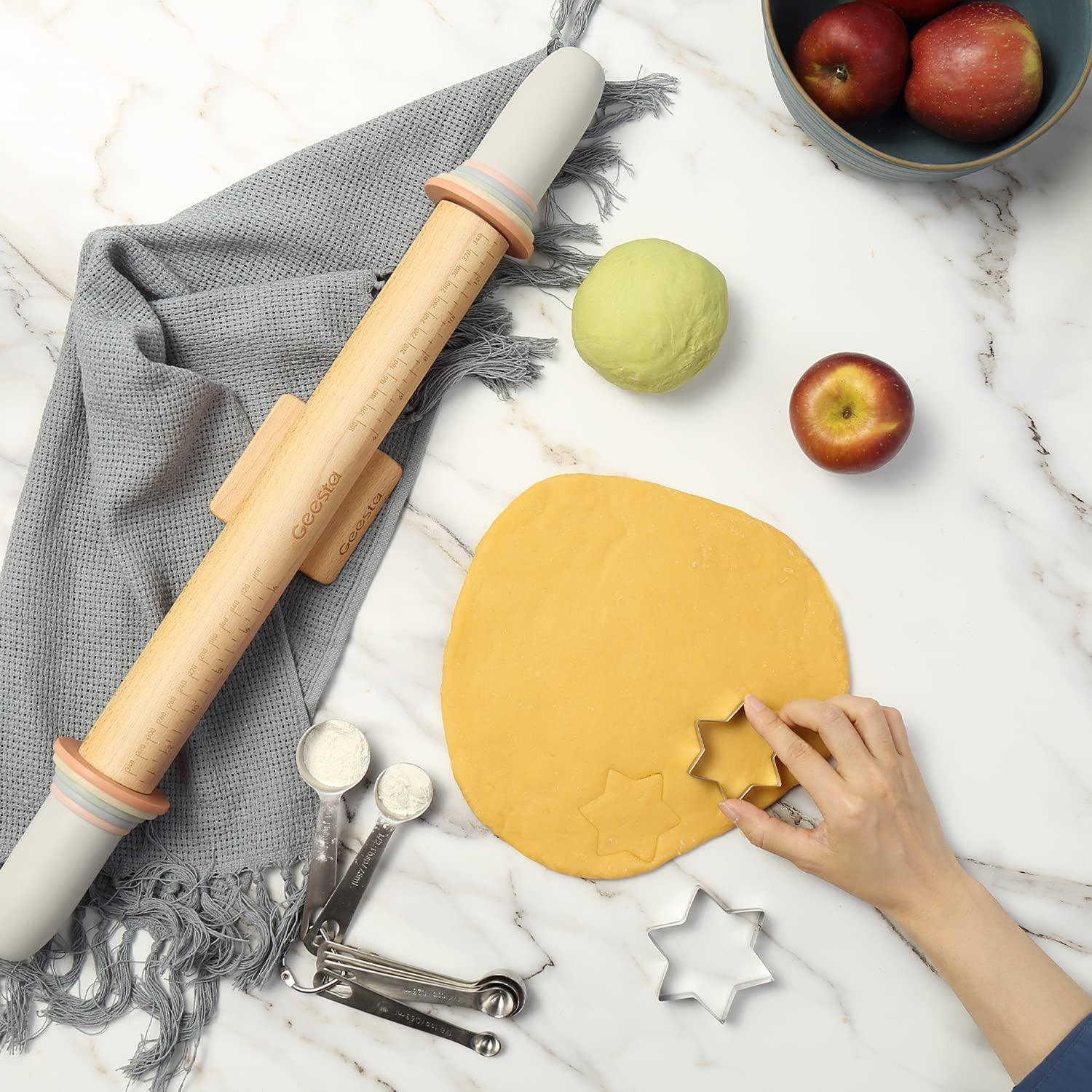 Geesta Adjustable Wood Rolling Pin with 5 Thickness Rings, Precise Dough Roller Handle Press Design with Measurement Guide for Fondant, Pizza, Pie Crust, Cookie, Pastry Baking Decorating Accessories - CookCave