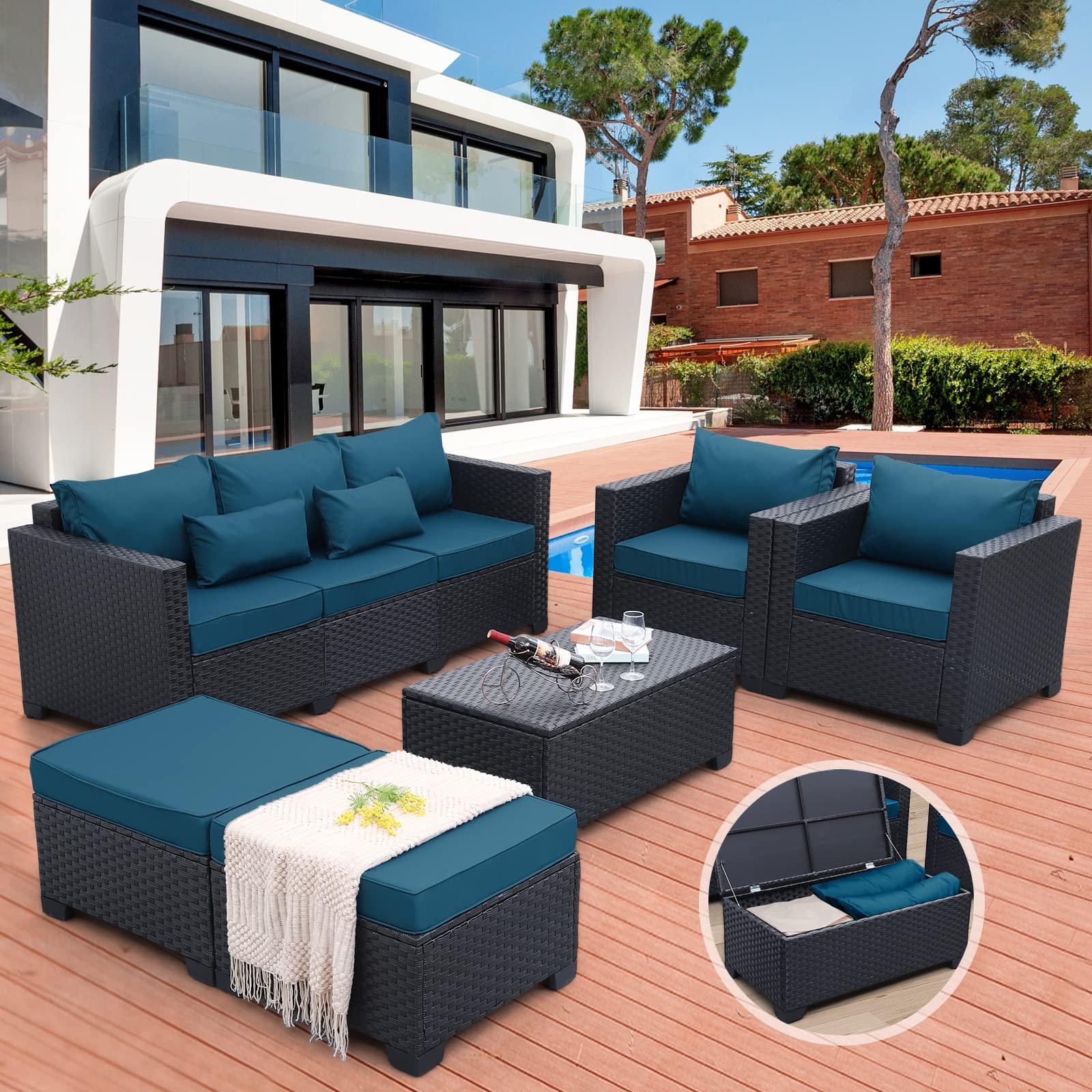 Rattaner Patio Furniture Set 6 Pieces Couch Outdoor Chairs Coffee Table Peacock Blue Anti-Slip Cushions and Waterproof Covers - CookCave