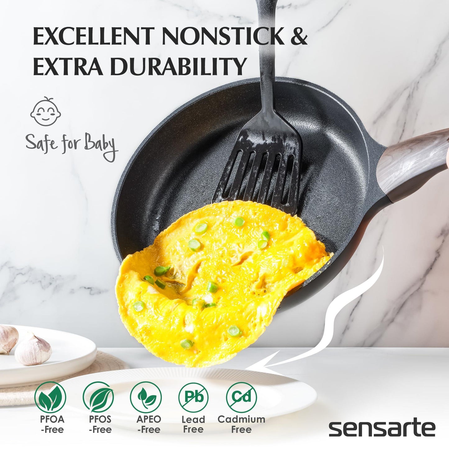 SENSARTE Pots and Pans Set Nonstick, 14 Pcs Induction Kitchen Cookware Sets, Non-toxic Non Stick Cooking Set with Frying Pans Set & Saucepan, PFOA PFOS APEO Free, Black - CookCave