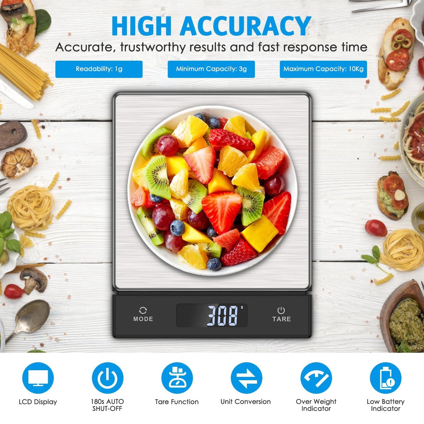 Olipiter 10Kg/1g Display Electronic Scale, Large LED Display Screen, Pull-Out Display Kitchen Scales, Multi Function Food Weight Scales for Cooking, High-Precision Weighing Scale with Tare Function - CookCave