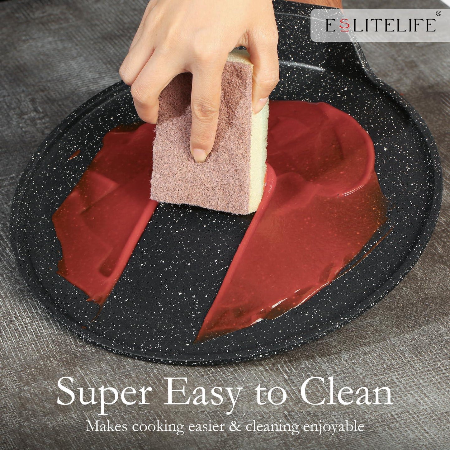 ESLITE LIFE Nonstick Crepe Pan with Spreader, 9.5 Inch Granite Coating Flat Skillet Tawa Dosa Tortilla Pan, Compatible with All Stovetops (Gas, Electric & Induction), PFOA Free, Black - CookCave