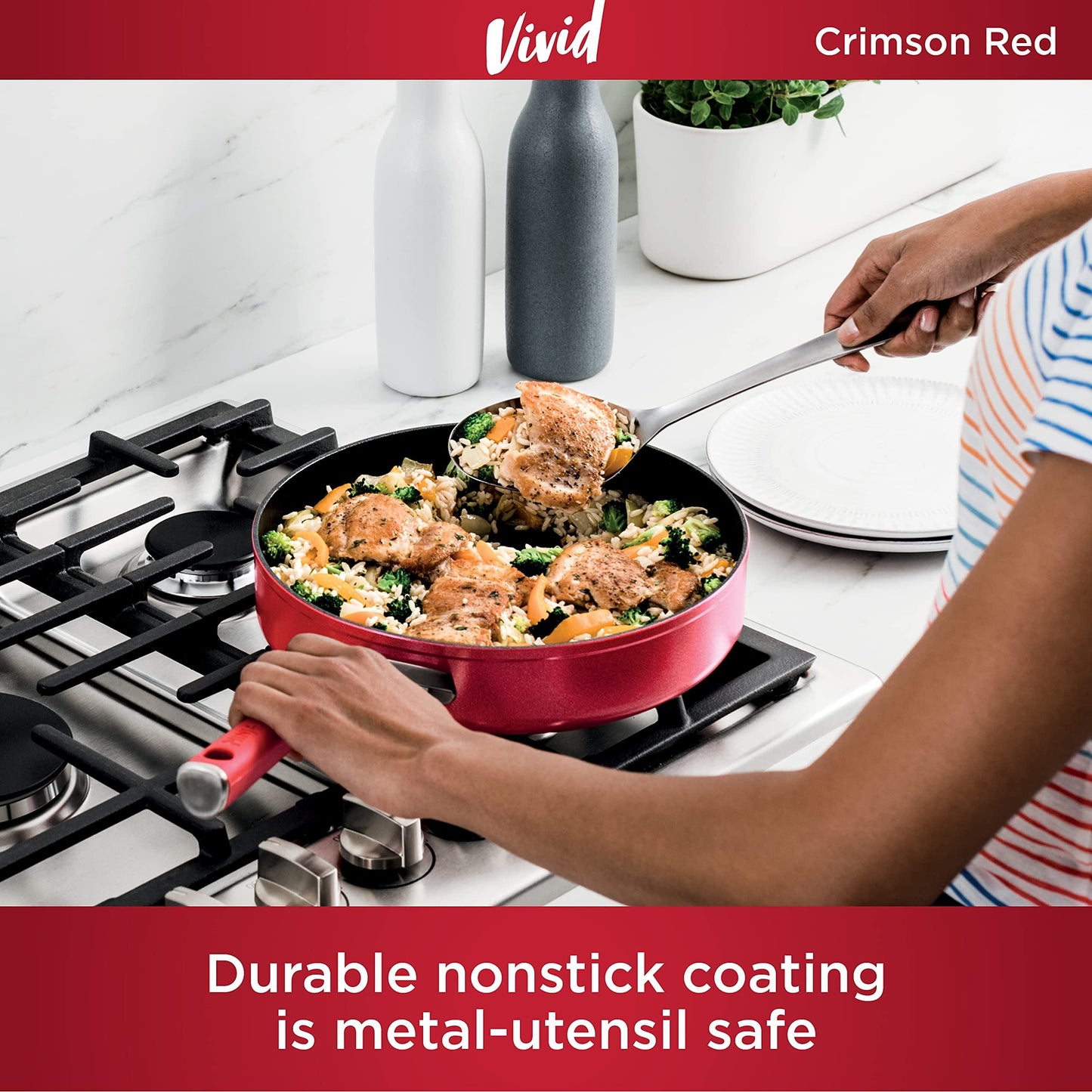 Ninja C20130 Foodi NeverStick Vivid 3-Quart Sauté Pan with Glass Lid, Nonstick, Durable & Oven Safe To 400°F, Cool-Touch Handles, Crimson Red - CookCave