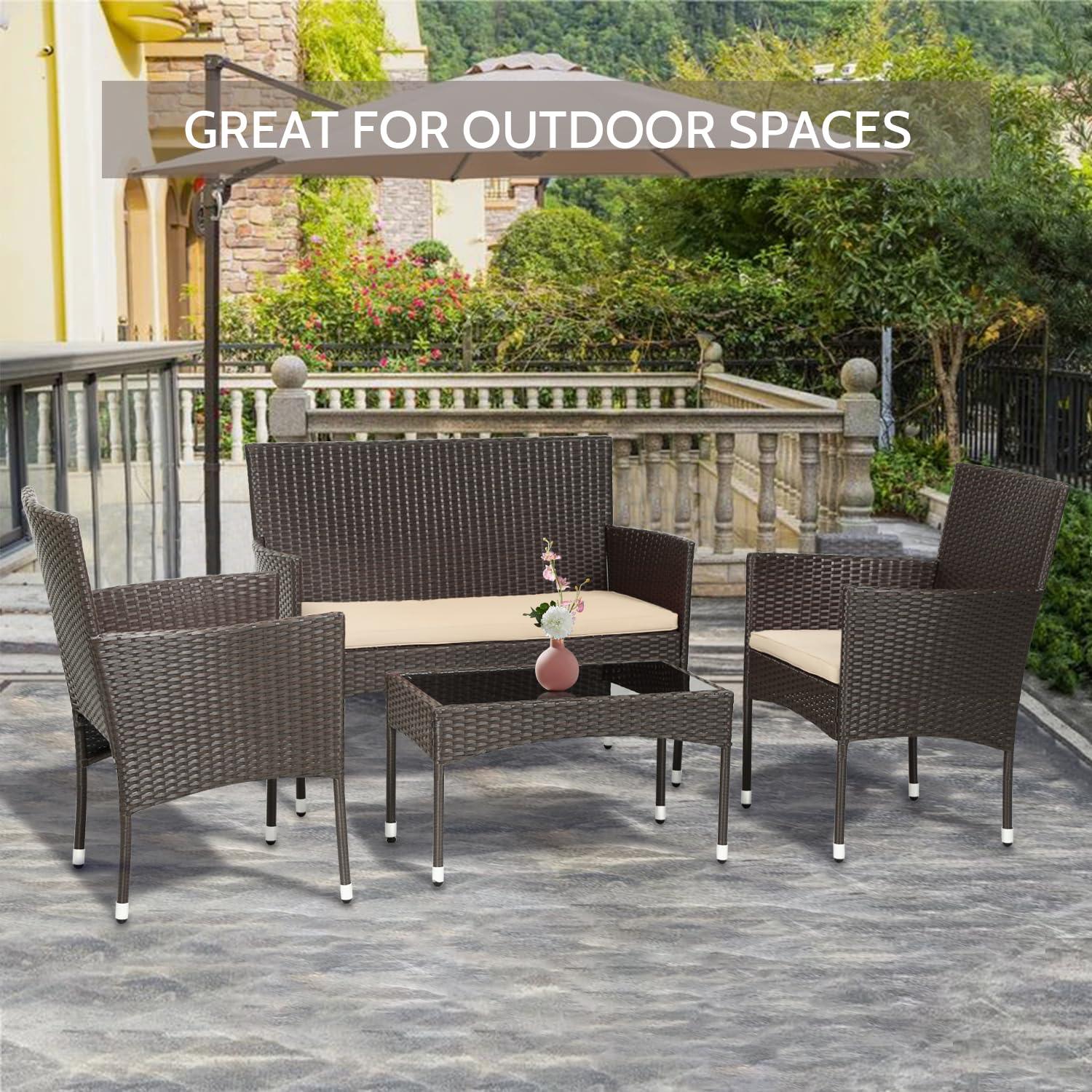 FDW Patio Furniture Set 4 Pieces Outdoor Rattan Chair Wicker Sofa Garden Conversation Bistro Sets for Yard (Brown) - CookCave