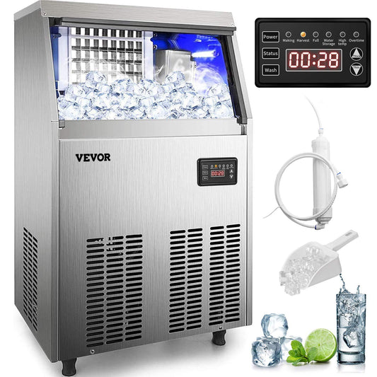 VEVOR 110V Commercial Ice Maker 90-100LBS/24H with 33LBS Bin Full Heavy Duty Stainless Steel Construction, Automatic Operation, Clear Cube for Home Bar, Include Water Filter, Scoop, Connection Hose - CookCave