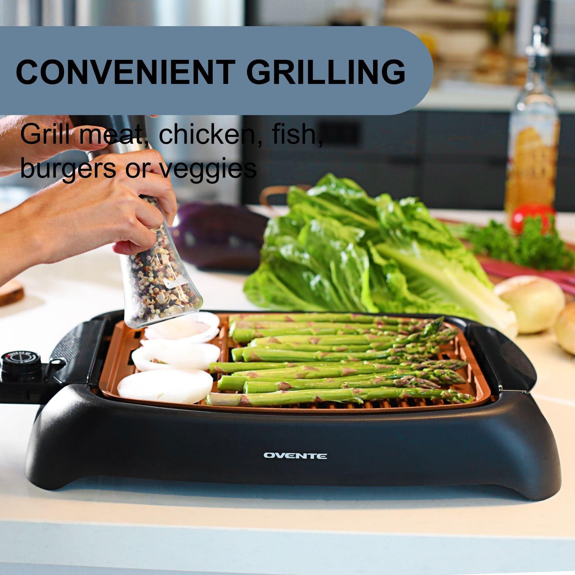 OVENTE Electric Indoor Grill with 13x10 Inch Non-Stick Cooking Surface, 1000W Fast Heat Up Power, Adjustable Temperature, Removable and Dishwasher Safe Grilling Plate and Drip Tray, Copper GD1632NLCO - CookCave