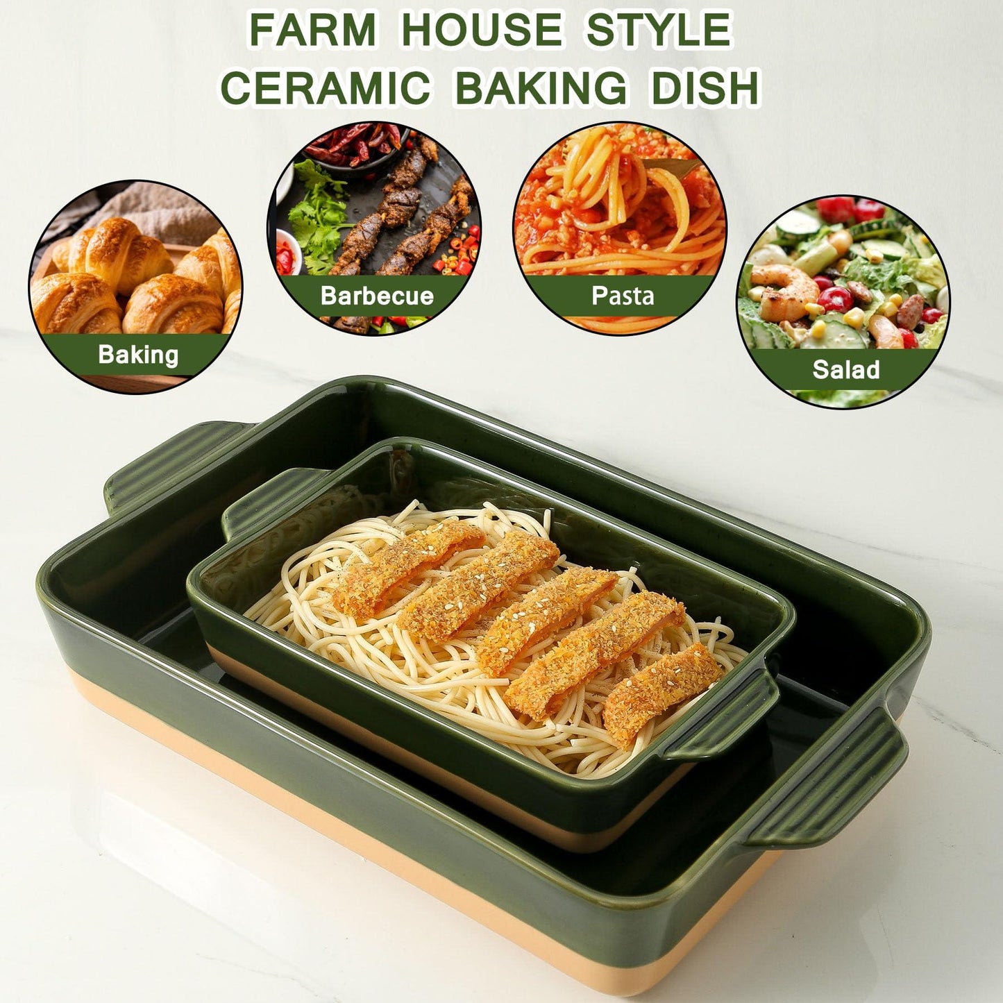 Howise Ceramic Baking Dish Set, Bakeware Set, Rectangular Casserole Dish Set, lasagna Pan, 2 Baking Pans Set for Cooking, Kitchen Dinner, 9 x 13 Inch, Green - CookCave