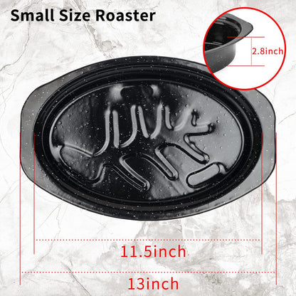 JY COOKMENT Granite Roaster Pan, Small 13” Enameled Roasting Pan with Domed Lid. Oval Turkey Roaster Pot, Broiler Pan Great for Small Chicken, Lamb. Dishwasher Safe Cookware Fit for 7Lb Bird - CookCave