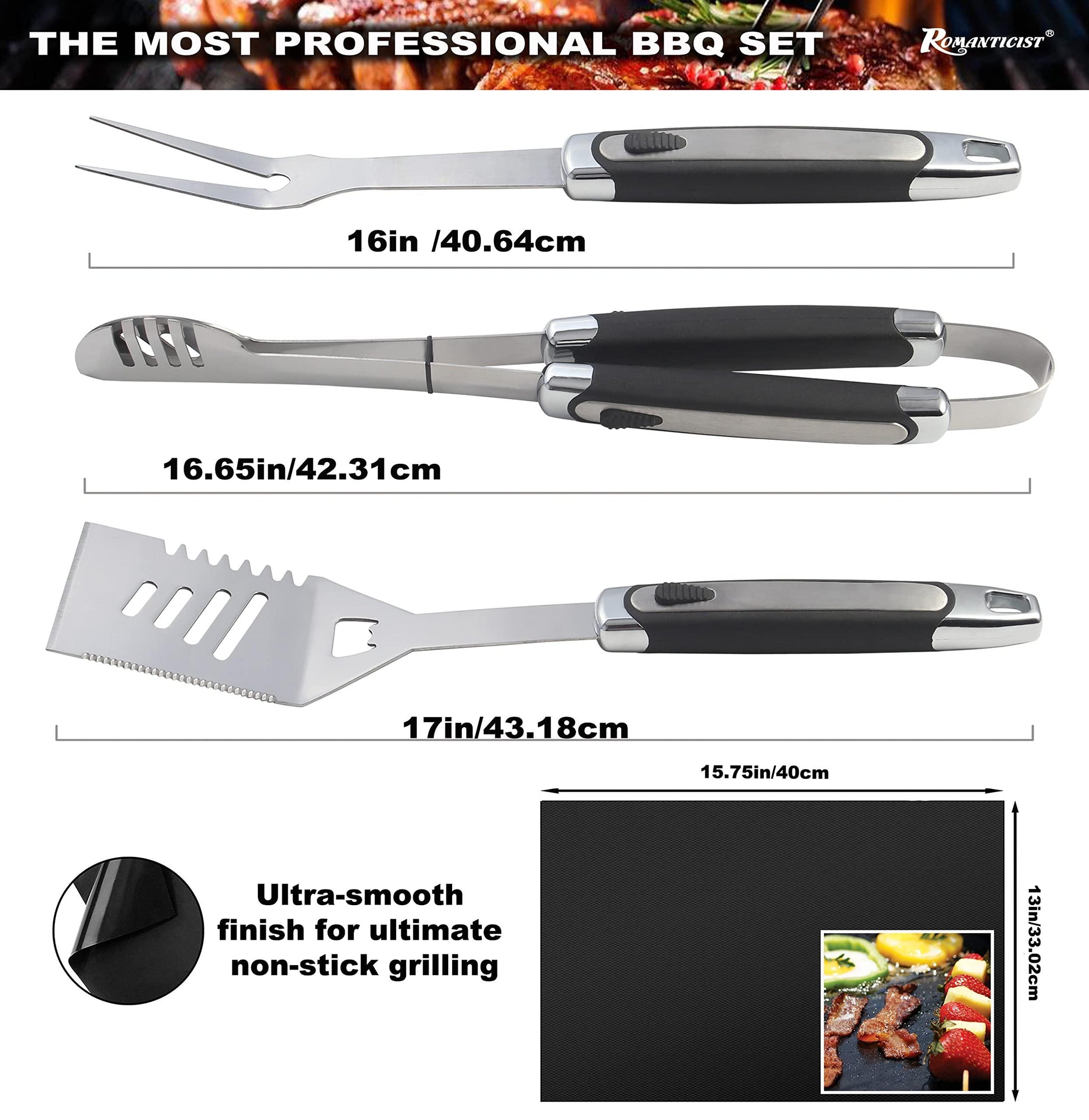 ROMANTICIST 21pc BBQ Grill Accessories Set with Thermometer - The Very Best Grill Gift on Birthday Wedding - Heavy Duty Stainless Steel Grill Utensils with Non-Slip Handle in Aluminum Case - CookCave
