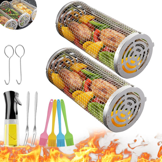 Wrakus Rolling Grilling Baskets for Outdoor - Grill Grate Charcoal Round BBQ Stainless Steel Basket Campfire Grid Camping Picnic Cookware - CookCave