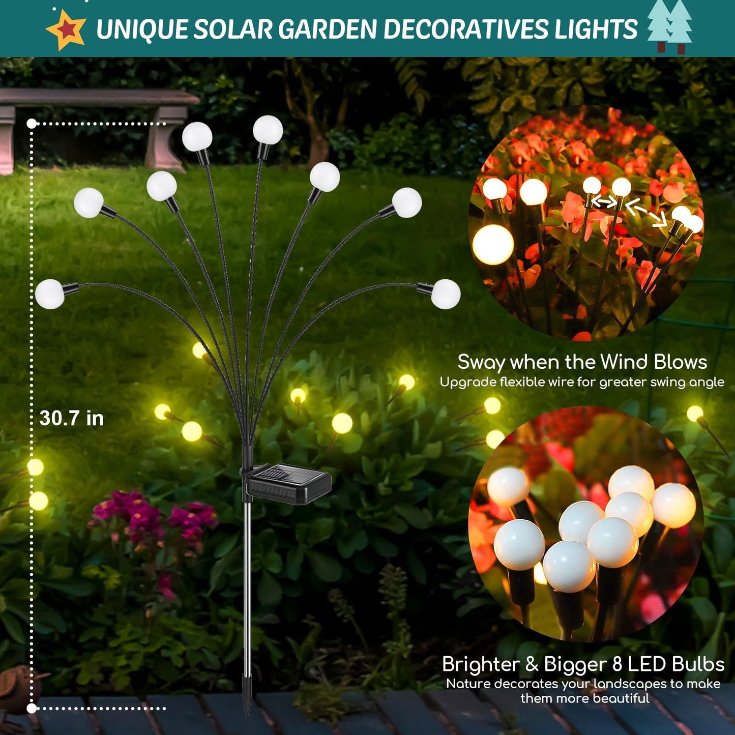 Solar Lights Outdoor Garden Decor: 4 Pack Upgraded 32 LED Firefly Solar Garden Lights, Unique Valentines Day Decorations Flexible Solar Lights Outdoor Waterproof for Yard Pathway Landscape Decorative - CookCave