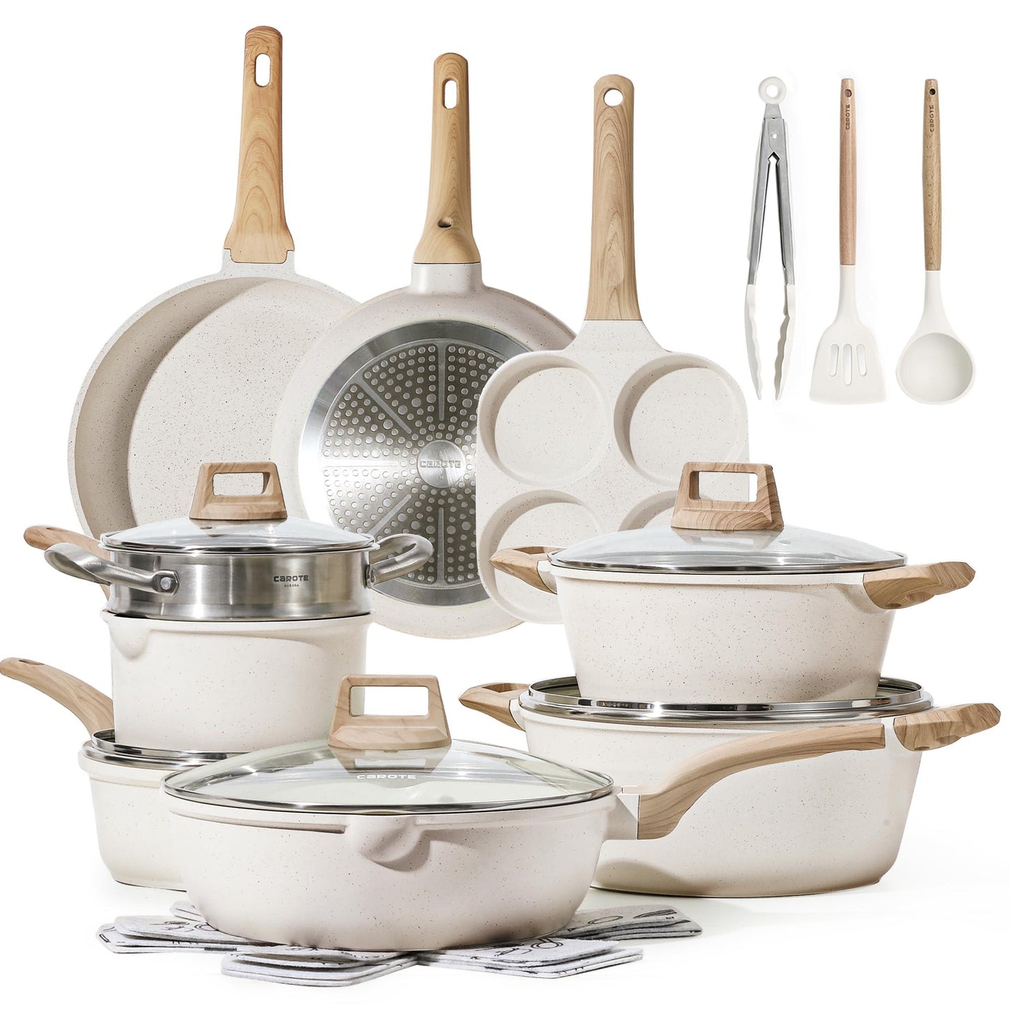 CAROTE 21Pcs Pots and Pans Set, Nonstick Cookware Sets, White Granite Induction Cookware Non Stick Cooking Set w/Frying Pans & Saucepans(PFOS, PFOA Free) - CookCave