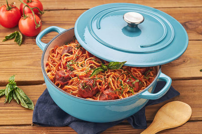 Mirro MIR-19063 4.8 Quart Cast Iron White Enamel Coated Interior Dutch Oven, Teal, Ready to Use - CookCave