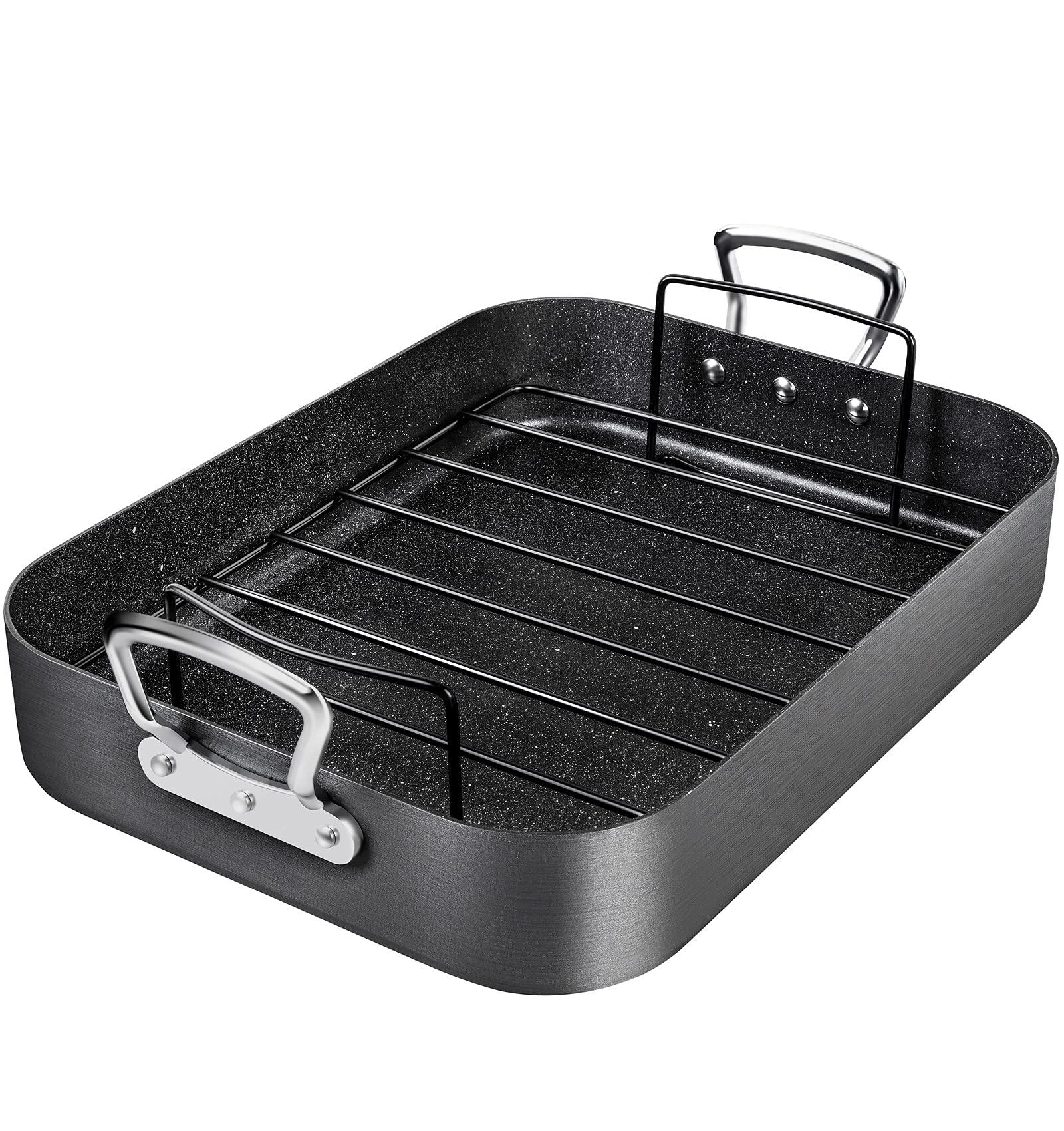 MICHELANGELO Roasting Pan with Rack, Hard Anodized Turkey Roaster Pan, Large Turkey Roasting Pan for Oven, Nonstick Rectangular Roaster Pan with Rack, 16 Inch x 12 Inch - CookCave