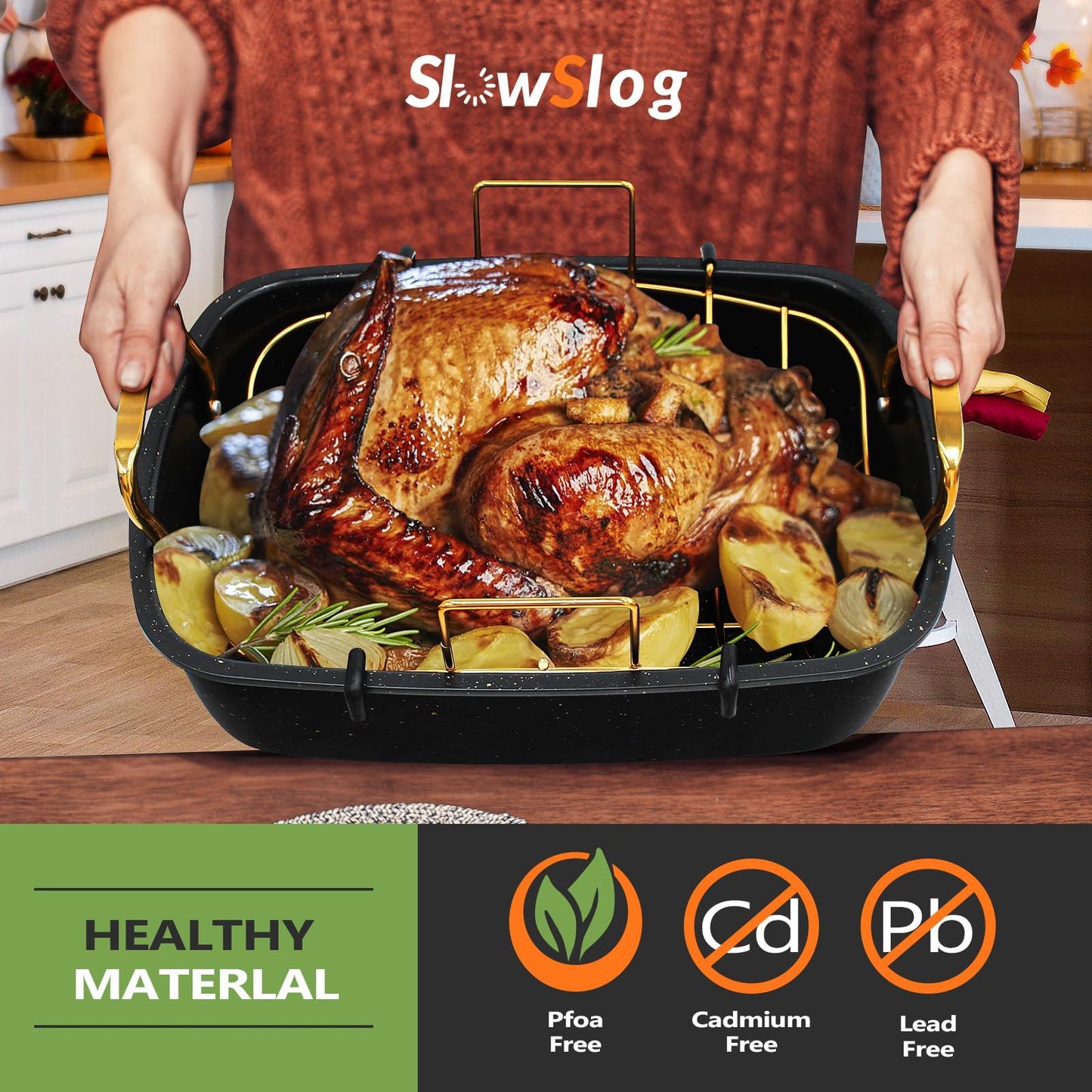 Slow Slog Roasting Pan, 17 Inch x 13 Inch Roaster with Removable Rack, Nonstick Roaster Pan for Roasting Turkey, Meat & Vegetables (Gold) - CookCave