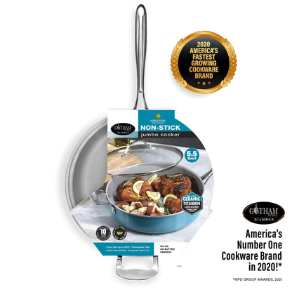 Gotham Steel Nonstick 5.5 Quart Sauté Pan with Lid, Ceramic Jumbo Cooker Fry Pan with Glass Lid, Stay Cool Handle + Helper Handle, Oven, Stovetop & Dishwasher Safe, 100% PFOA Free, Aqua Blue - CookCave
