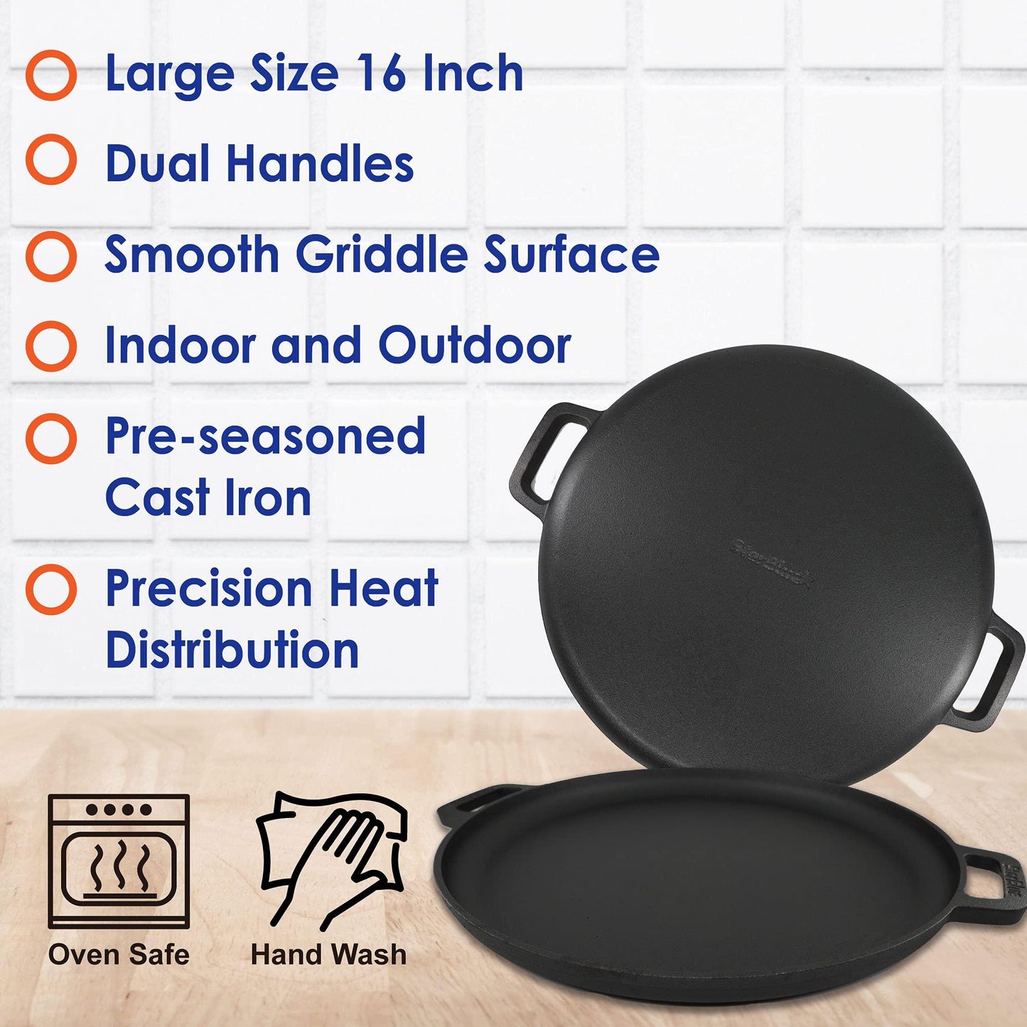 StarBlue 16 Inch Cast Iron Pizza Pan Round Griddle with FREE Silicone Handles and 30 Recipes Ebook– Pre-Seasoned Comal, Kitchen Essentials for Lovers, Baking, Grill, BBQ, Stove Oven Safe - CookCave