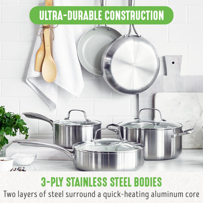 GreenLife Tri-Ply Stainless Steel Healthy Ceramic Nonstick, 10 Piece Cookware Pots and Pans Set, PFAS-Free, Multi Clad, Induction, Dishwasher Safe, Oven Safe, Silver - CookCave