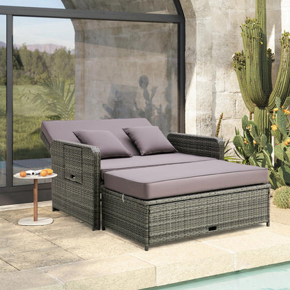 Tangkula Patio Rattan Daybed Set, Wicker Loveseat Sofa w/Multipurpose Ottoman & Retractable Side Tray, 4-Level Adjustable Backrest, Footstool w/Storage, Seat & Back Cushion Included (Gray) - CookCave