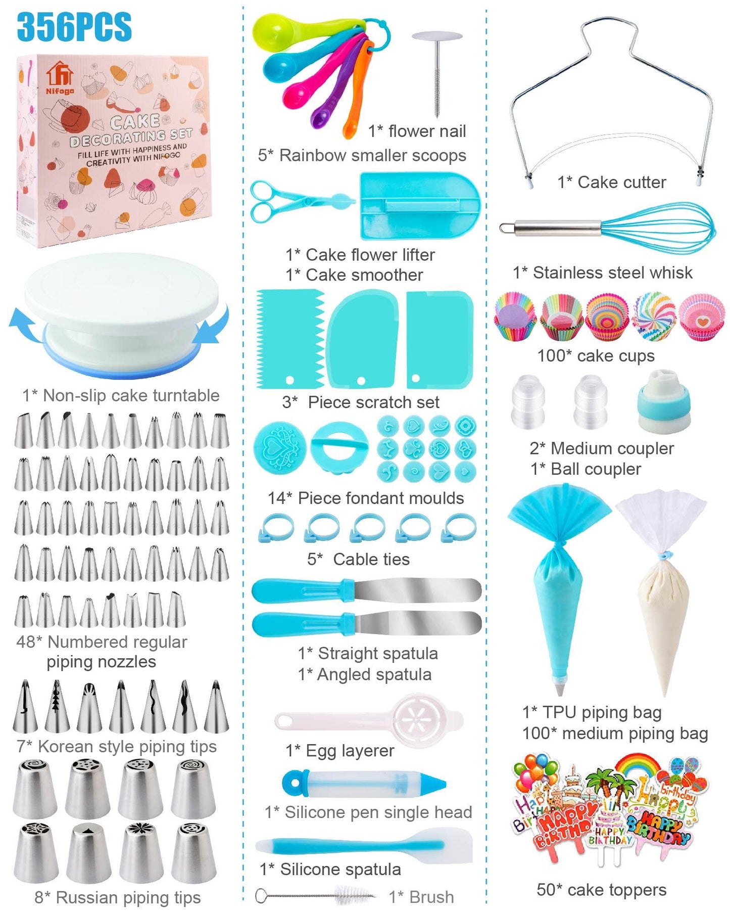 Cake Decorating Supplies Kit Tools 356pcs, Nifogo Baking Accessories with Cake Turntable, Pastry Piping Bag, Piping Icing Tips for Beginners or Professional - CookCave