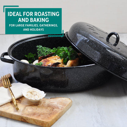 Mirro 18" Black Covered Oval Roaster with Lid - CookCave