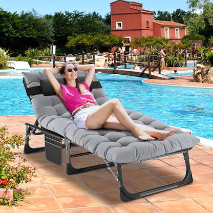 DoCred Folding Lounge Chair with Mattress, 4 Position Adjustable Folding Sleeping Bed Cot Chaise Lounge Chairs Perfect for Sunbathing, Camping, Pool, Beach, Patio - CookCave