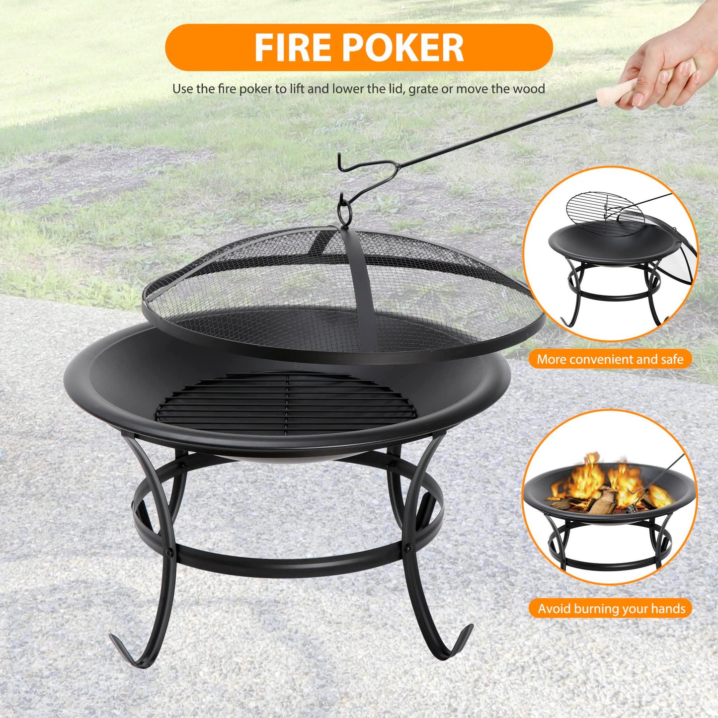 22 Inches Portable Fire Pit Outdoor Wood Burning Steel Lightweight BBQ Grill Firepit Bowl with Log Grate&Poker for Outside Patio Campfire Bonfire Backyard - CookCave