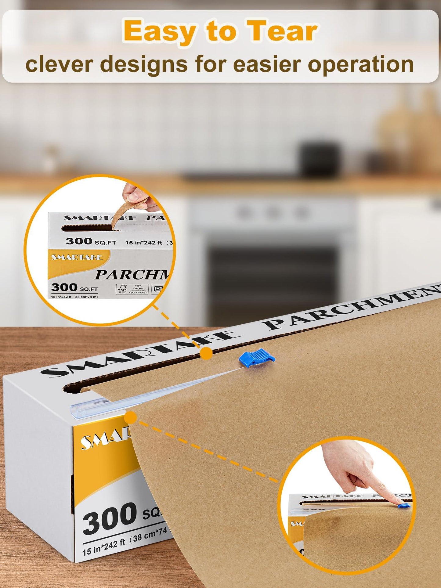 SMARTAKE Parchment Paper Roll for Baking, 15 in x 242 ft, 300 sq.ft, Non-Stick Baking Paper Sheets with Slide Cutter, Heavy Duty Extra Long, for Kitchen Baking Cooking Grilling Steaming, Unbleached - CookCave