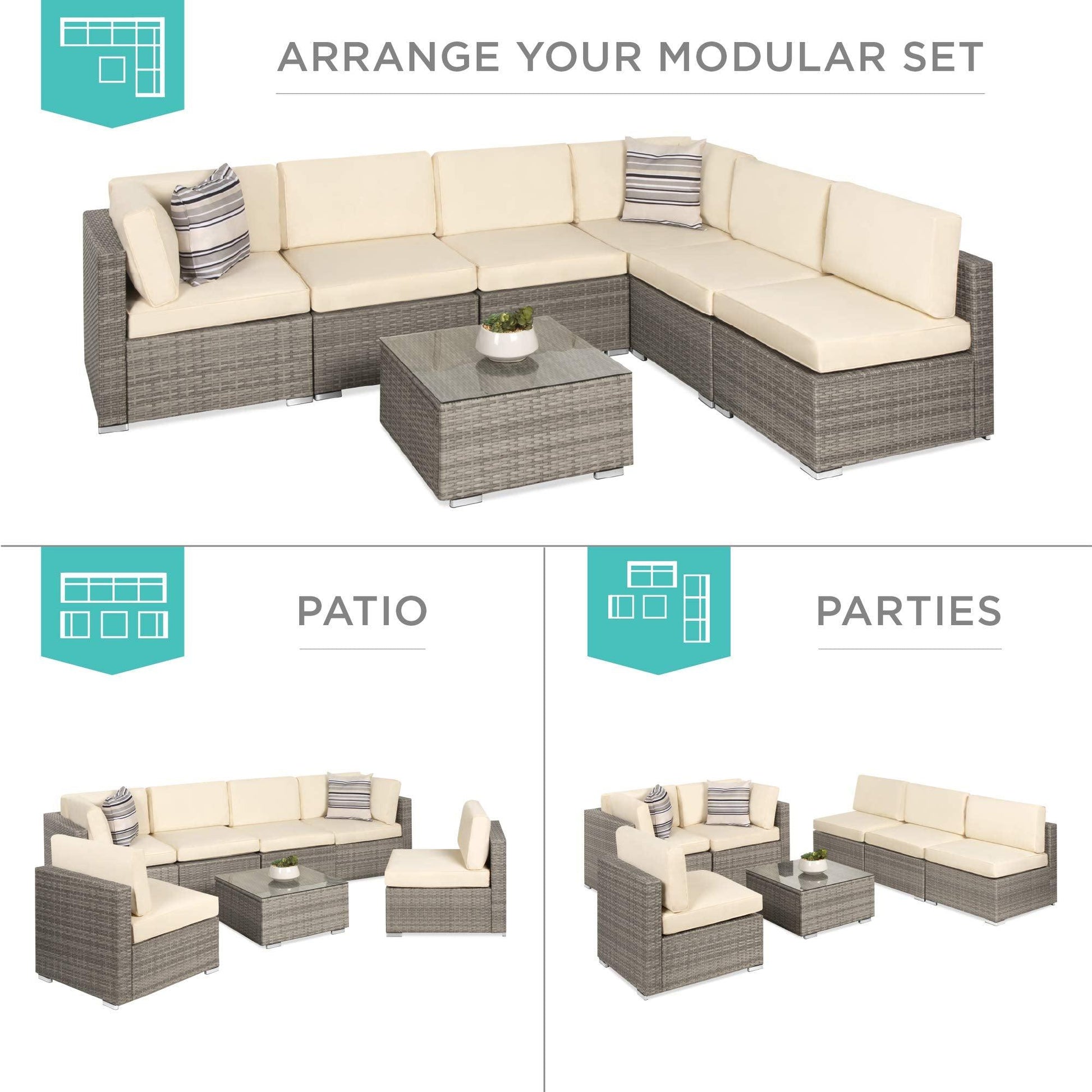 Best Choice Products 7-Piece Modular Outdoor Sectional Wicker Patio Furniture Conversation Sofa Set w/ 6 Chairs, 2 Pillows, Seat Clips, Coffee Table, Cover Included - Gray/Cream - CookCave