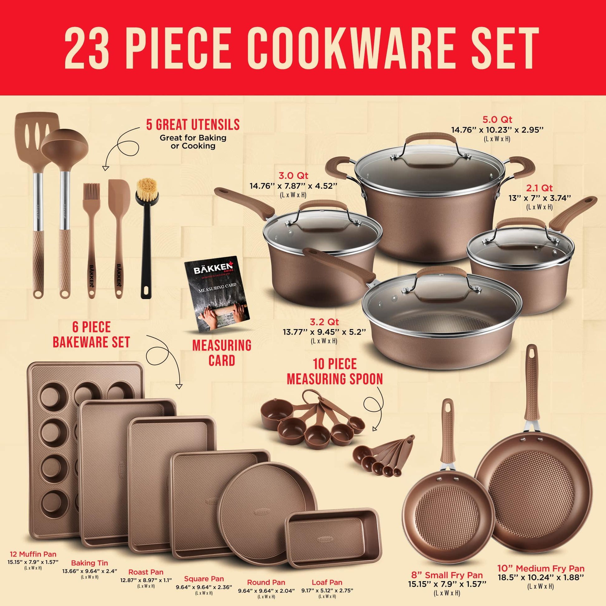 Cookware Set – 23 Piece –Gold Multi-Sized Cooking Pots with Lids, Skillet Fry Pans and Bakeware – Reinforced Pressed Aluminum Metal - Suitable for Gas, Electric, Ceramic and Induction by BAKKEN Swiss - CookCave