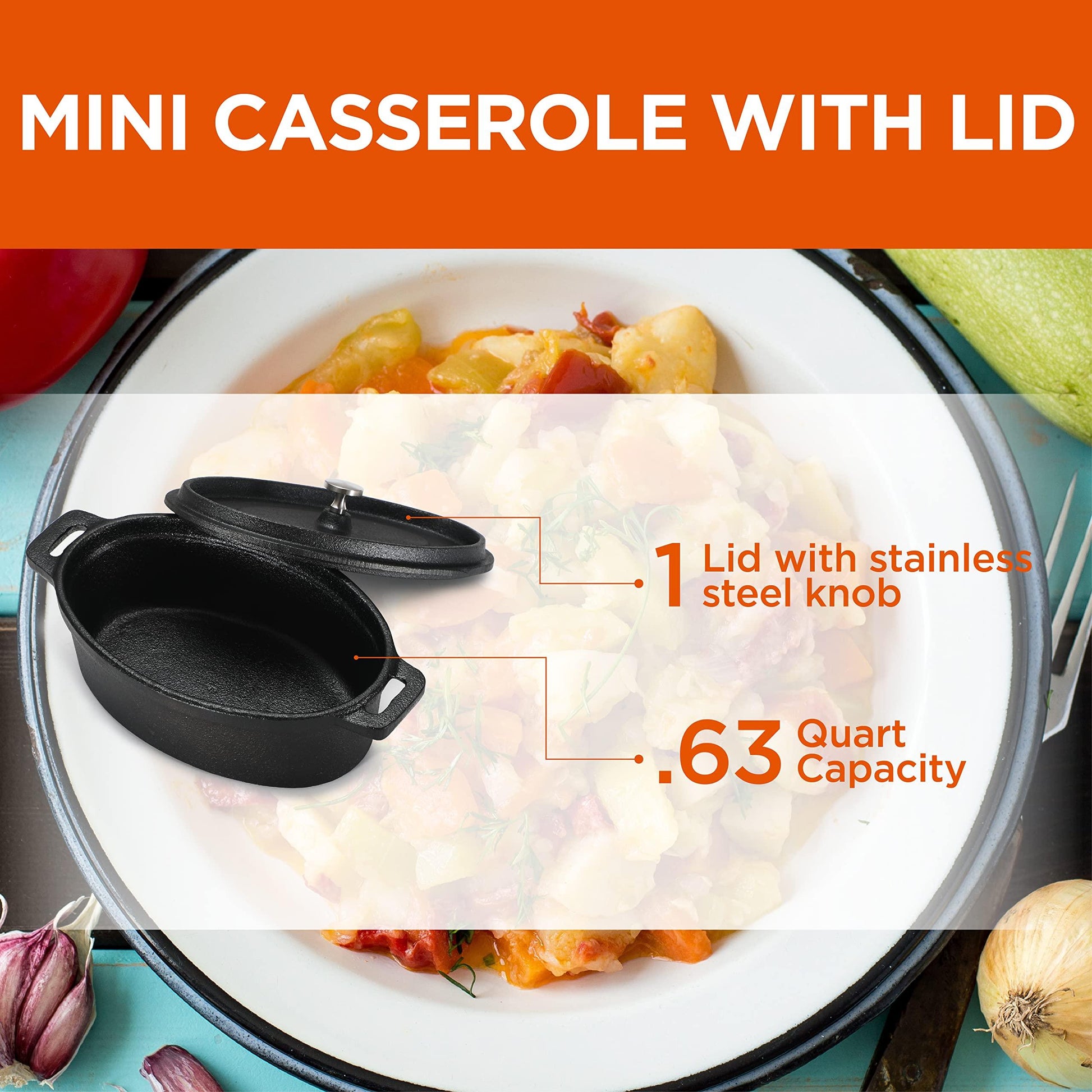 COMMERCIAL CHEF Mini Casserole Dish with Lid, 0.63 Qt. Cast Iron Casserole Dish for Baking, Cast Iron Cookware Mini Dutch Oven Ramekin with Handles & Stainless Steel Knob - CookCave