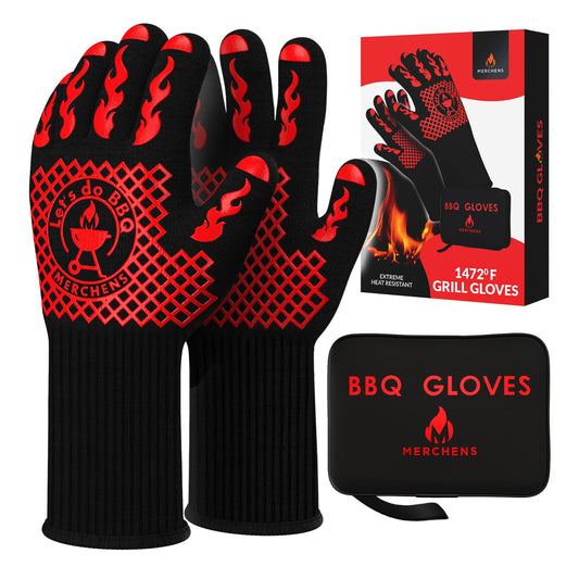 Pro-Series BBQ Gloves - Heat Resistant Grill, Grilling, and Oven Gloves for Culinary Experts - Extreme Fireproof Protection, Silicone Grip, Extra Long Mitts - Indoor & Outdoor - with Protective case - CookCave